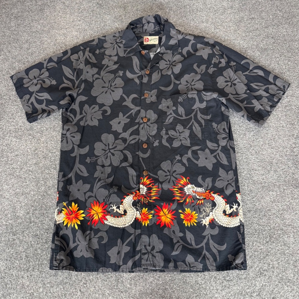 Hilo Hattie Mens M Black Dragon Hibiscus Floral Hawaiian Shirt Aloha Tropical